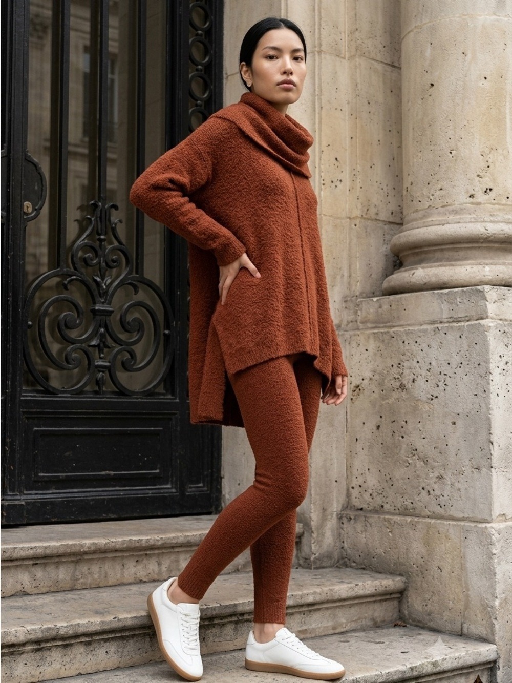 Cozy Cowl Neck High Low Sweater in Rich Rust Like New